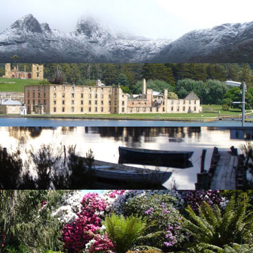 Combined pictures of Tasmanian locations including: Hobart, Launceston, Strahan, and Cradle Mountain.